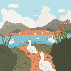 cute hand drawn cartoon landscape with swimming ducks in the lake funny springtime vector illustration
