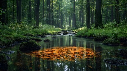 Obraz premium A tranquil forest stream reflecting the lush green foliage