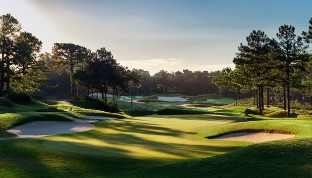 A scenic landscape featuring a lush green golf course with sand bunkers