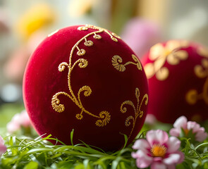 A luxurious velvet-textured Easter egg in deep red with gold embroidery details. Generative AI
