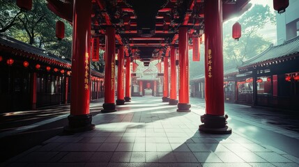 A Long Red Temple Pathway Leading Toward the Temple Entrance