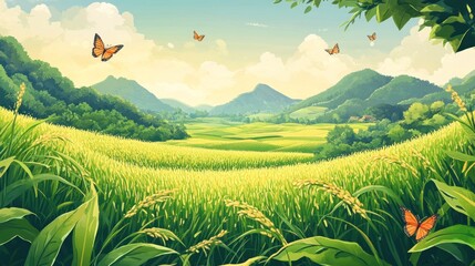 Serene Rice Paddy Valley Landscape with Butterflies