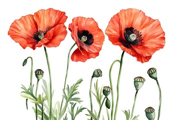 Obraz premium Vibrant Red Poppies – Realistic Watercolor Botanical Illustration