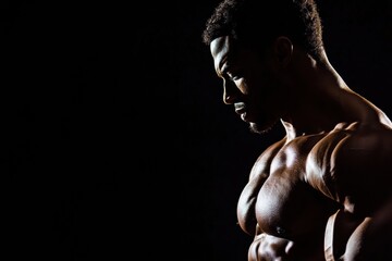 Fototapeta premium Dramatic lighting showcases the impressive muscle structure of a bodybuilder against a stark black background