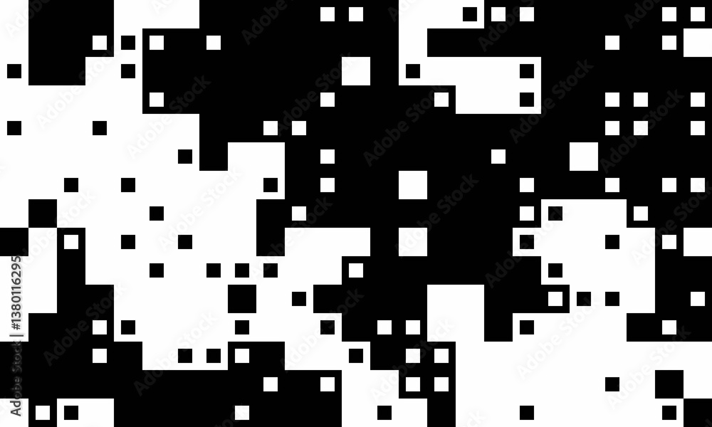 Poster abstract monochrome pixel art. dynamic black and white squares create a chaotic yet visually engagin