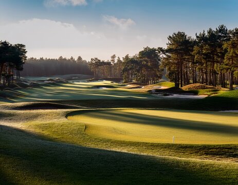 A scenic landscape featuring a lush green golf course with sand bunkers