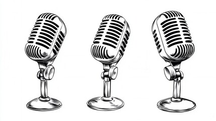 Three vintage microphones in black and white, angled differently, on individual stands against a white background.