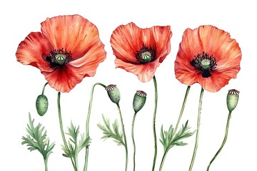 Obraz premium Vibrant Red Poppies – Realistic Watercolor Botanical Illustration