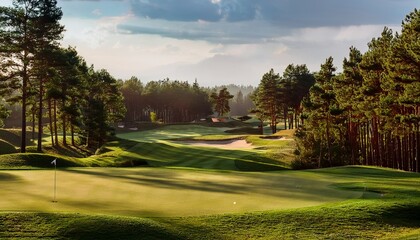 Obraz premium A scenic landscape featuring a lush green golf course with sand bunkers