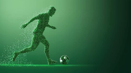 Male Soccer Player Kicking Ball in Digital Pixels Art on a Vibrant Green Background