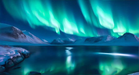 Northern lights aurora over the lake. Bright green aurora swirling over water. Aurora borealis over the freezing icy lake water.