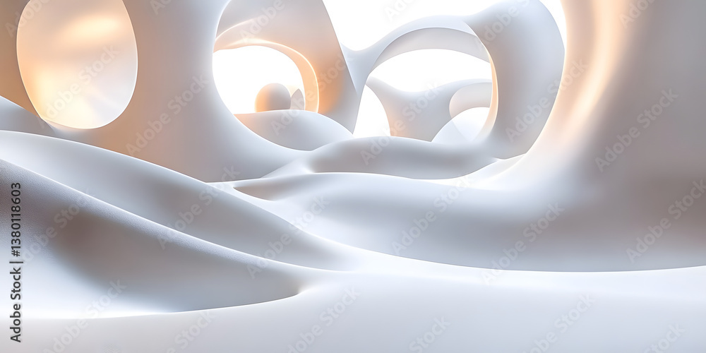 Poster a modern 3d light white background with floating abstract forms and ambient lighting. the design cre