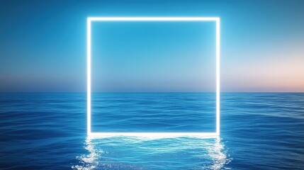 Neon square frame on the sea: showing a sense of future technology in the blue ocean, creative visual art