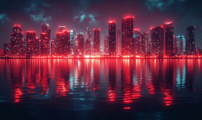 Fototapeta premium a mesmerizing cityscape at night, illuminated with vibrant red lights, reflected in the tranquil water