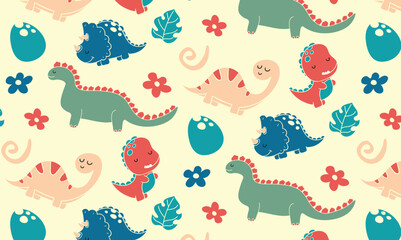 Vector childish seamless pattern with cartoon dinosaurs. Ideal for baby clothes, textiles, wallpaper, wrapping paper. Fun and lively dinosaur character repeat design. © caner