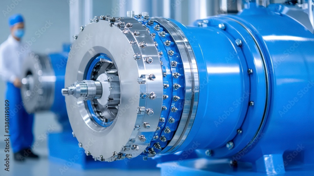 Poster close up view of a complex, shiny blue industrial machine with metallic components in a factory sett