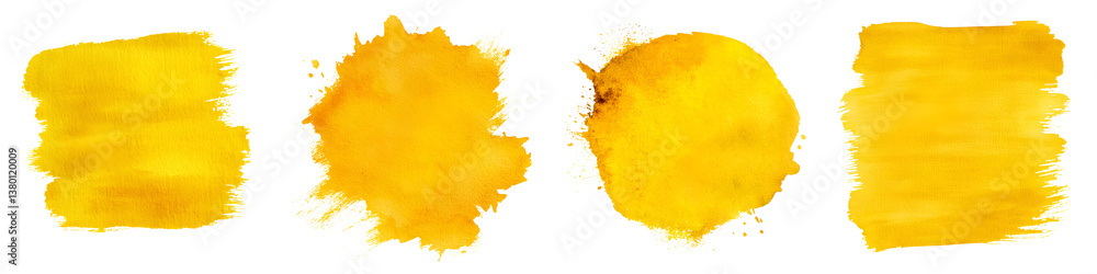 Poster abstract composition of vibrant yellow paint strokes and splatters against a clean white background 