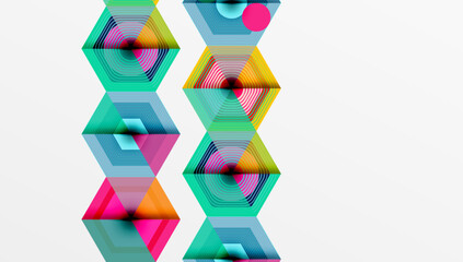 Geometric shapes, vibrant colors, abstract design. Hexagons, triangles, lines create dynamic composition. Modern art, digital illustration, bright palette.