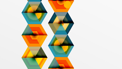 Hexagonal patterns, vibrant colors, geometric design. Orange, green, blue tones create abstract composition. Modern art, digital illustration.