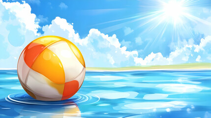 Beach ball floats on calm ocean; sunny sky. Summer vacation banner