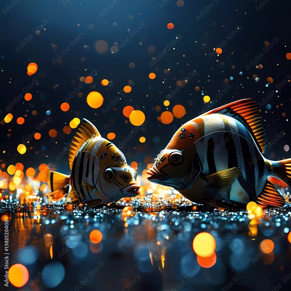 Poster Two vibrant fish engage in a playful moment under a canopy of shimmering bubbles and sparkling light. The enchanting atmosphere captures the magic of aquatic life in vivid detail Generative AI