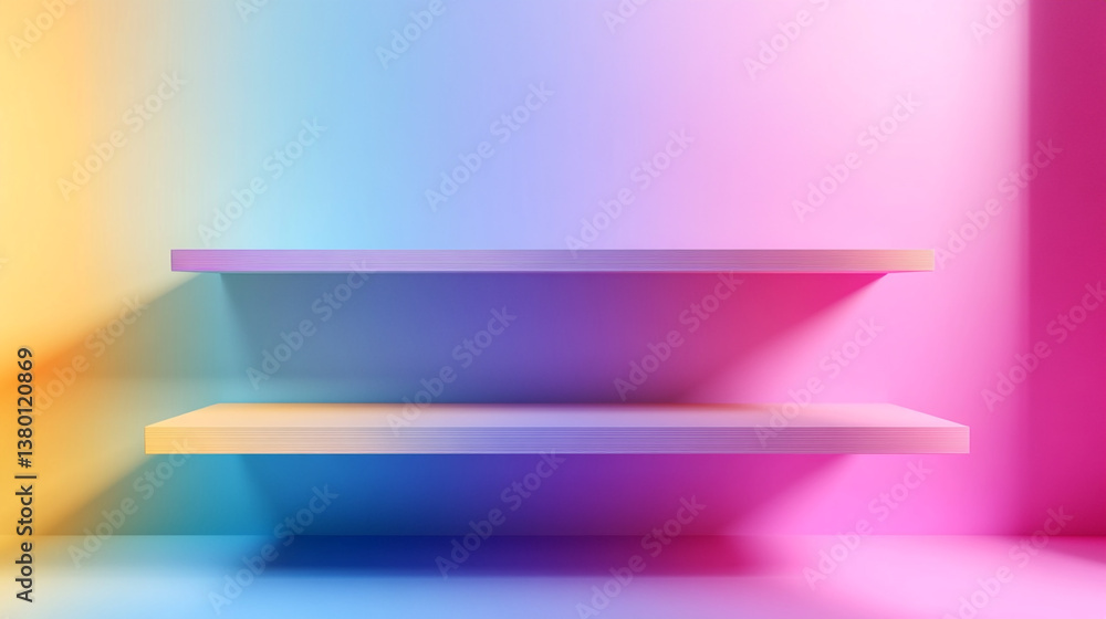 Poster two empty shelves on a wall with a gradient of yellow blue and pink light creating a colorful scene