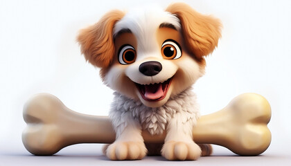 Extreme close-up, portrait. Cartoon character of a little smiling dog with a big bone on white background with copy space. Generative Ai.
