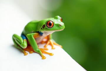 Green tree frog perched on white, vibrant color , nature, amphibian, macro