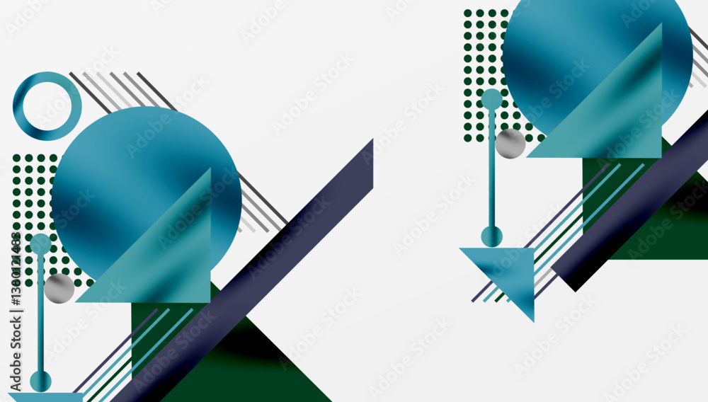 Poster abstract geometric composition. blue, green shapes overlap. lines, circles create dynamic visual eff