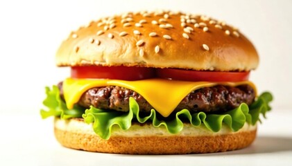 Burger with cheese and sesame seeds on bun, isolated, snack, close up, appetizer