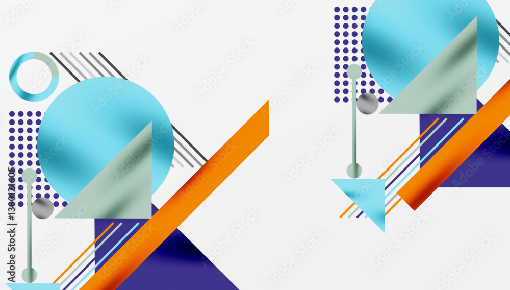 Poster abstract geometric composition. blue, orange, gray shapes overlap. lines create dynamic angles. mini