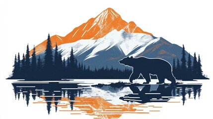 Bear walking near mountain lake with forest and snowy peaks. Vibrant nature landscape with reflection.
