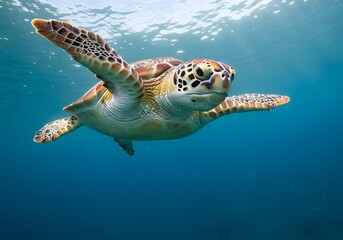 Fototapeta premium Majestic Sea Turtle Underwater Marine Life, Ocean, Swimming, Aquatic Animal, Underwater Photography.