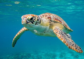 Fototapeta premium Underwater Sea Turtle Swimming in Ocean, Aquatic Wildlife, Marine Animal, Swimming in Blue Water, Sea Life Photography