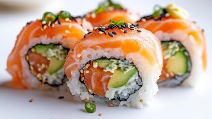 Delicious Sushi Rolls with Salmon, Avocado, and Rice on a White Plate