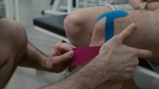 Close-up view of bearded fitness coach putting elastic tape on knee of unrecognisable male client with leg injury during rehabilitation therapy