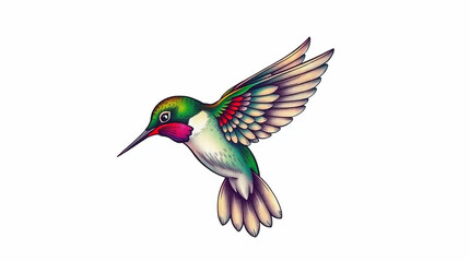Fototapeta premium A traditional tattoo-style print of a hummingbird, isolated on a white background, depicting a soft dreamy atmosphere in vibrant colors with a retro flair, complex ornamental details, hazy, soft light