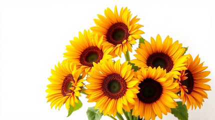 Naklejka premium A vibrant bouquet of sunflowers on a white background, bright vibrant colors. Gentle soft light, diffused shadows, subtle illumination, lively and energetic.jpg
