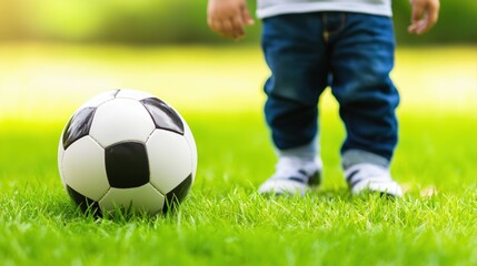 Obraz premium Dreamlike Scene of Baby Boy Kicking Soccer Ball on Vibrant Green Grass in Soft Glowing Light