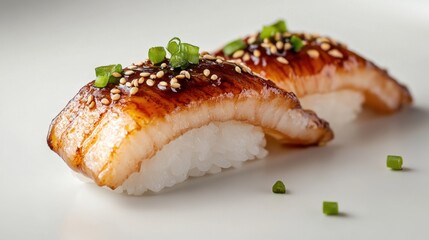 Delicious unagi sushi topped with sesame seeds and green onions on white plate
