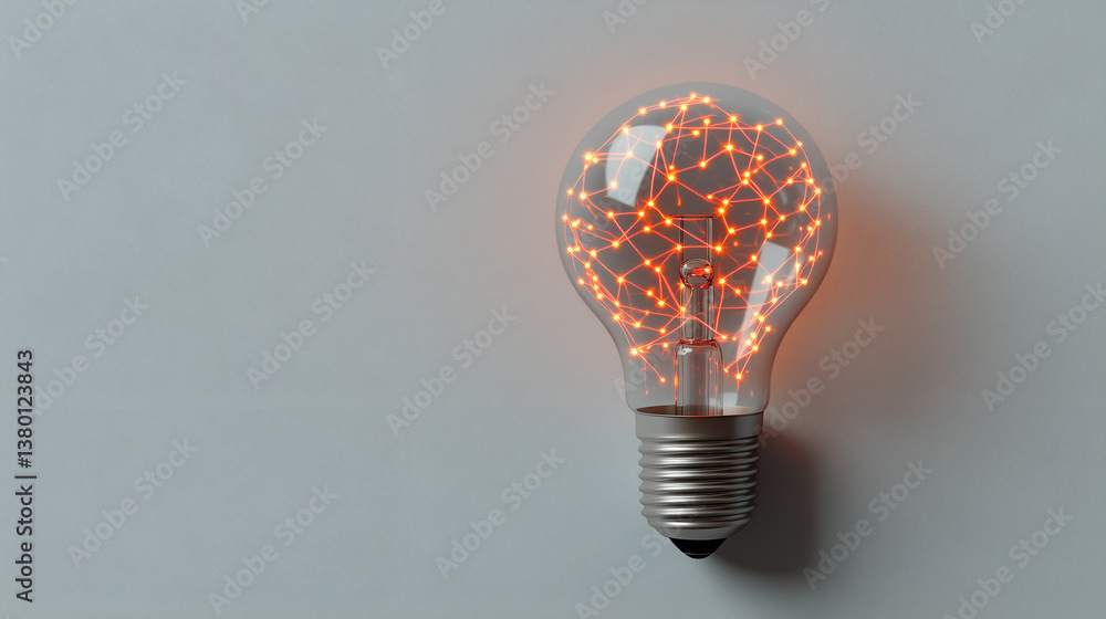 Poster a lit light bulb with a complex network of illuminated lines inside, symbolizing innovation and idea