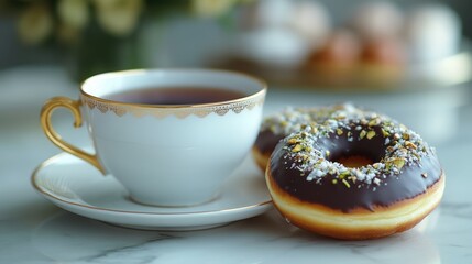 Elegant Teacup with Chocolate Glazed Donut on Marble Tabletop Delight