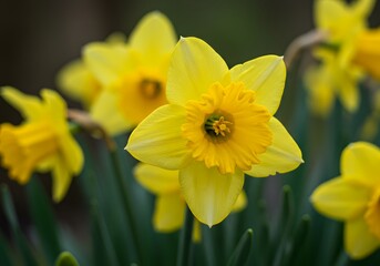 Fototapeta premium Close-up of Yellow Daffodils in Bloom, Spring Flowers, Narcissus, Garden Plants, Floral Background.