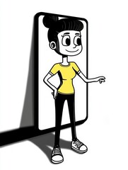 A cheerful cartoon character with a bun hairstyle stands confidently next to a large smartphone, showcasing a playful interaction with technology in a minimalist design