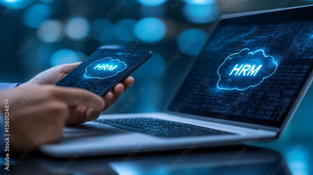 Aufkleber cloud hrm system businessman managing human resources, accessing data across multiple devices.