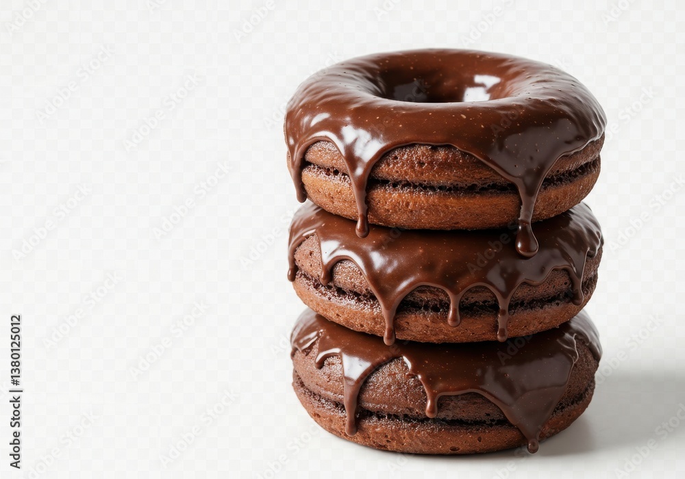 Poster a stack of three chocolate donuts with chocolate icing dripping down on a white background surface