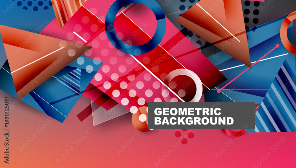 Poster Vibrant abstract composition. Geometric shapes overlap, creating dynamic visual effect. Red, blue, orange dominate color scheme. Modern design element.