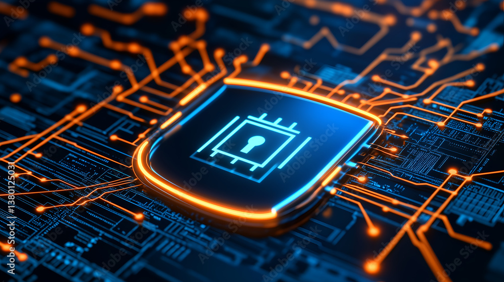 Poster cyber security image: shield with lock sign on circuit board
