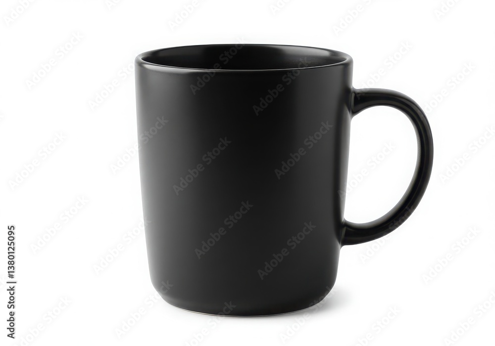 Poster a simple black mug with a handle is displayed on a plain white background in a studio setting