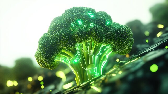 Glowing green broccoli on dark background.
